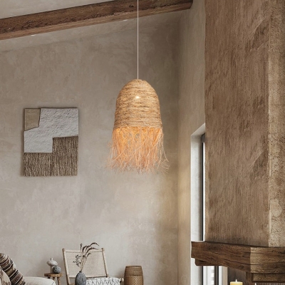 Rattan Weaving Dome Pendant Light Fixture with Fringe