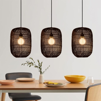 Boho Black Rattan Pendant Light For Kitchen Island Dining Room