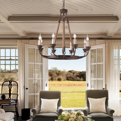 Candle Rustic Hemp Rope & Metal 8-Light Chandelier