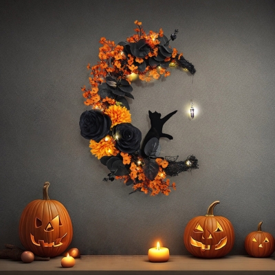 Halloween Moon Cat Wreath Wall Decor