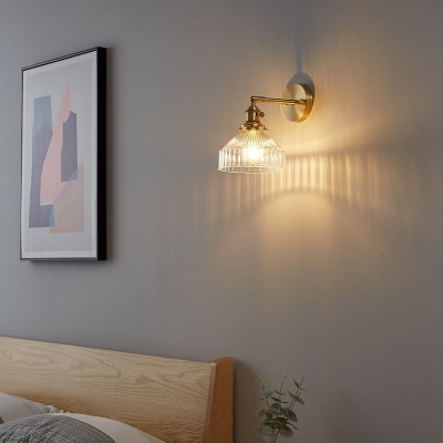 Ribbed Glass Wall Light Sconce in Gold Finish for Bedroom