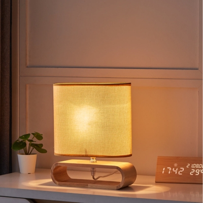 Bedside Wooden Nightstand Table Lamp with Oval Base and Fabric Shade