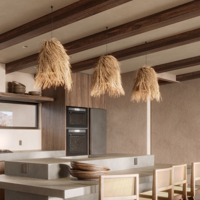 Rattan Handwoven Pendant Lights Wicker Lampshade for Kitchen Island