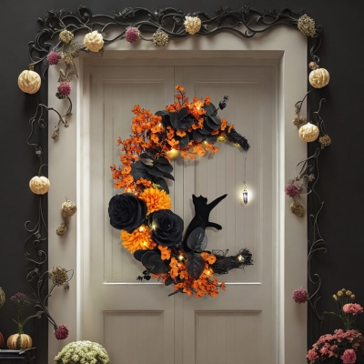 Halloween Moon Cat Wreath Wall Decor