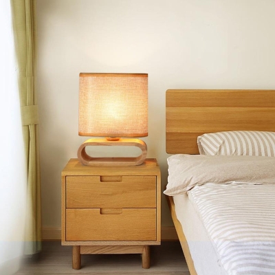 Bedside Wooden Nightstand Table Lamp with Oval Base and Fabric Shade