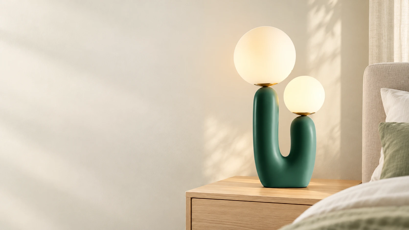 Green U-shaped resin table lamp with two frosted glass globes in a cream bedroomhero_1